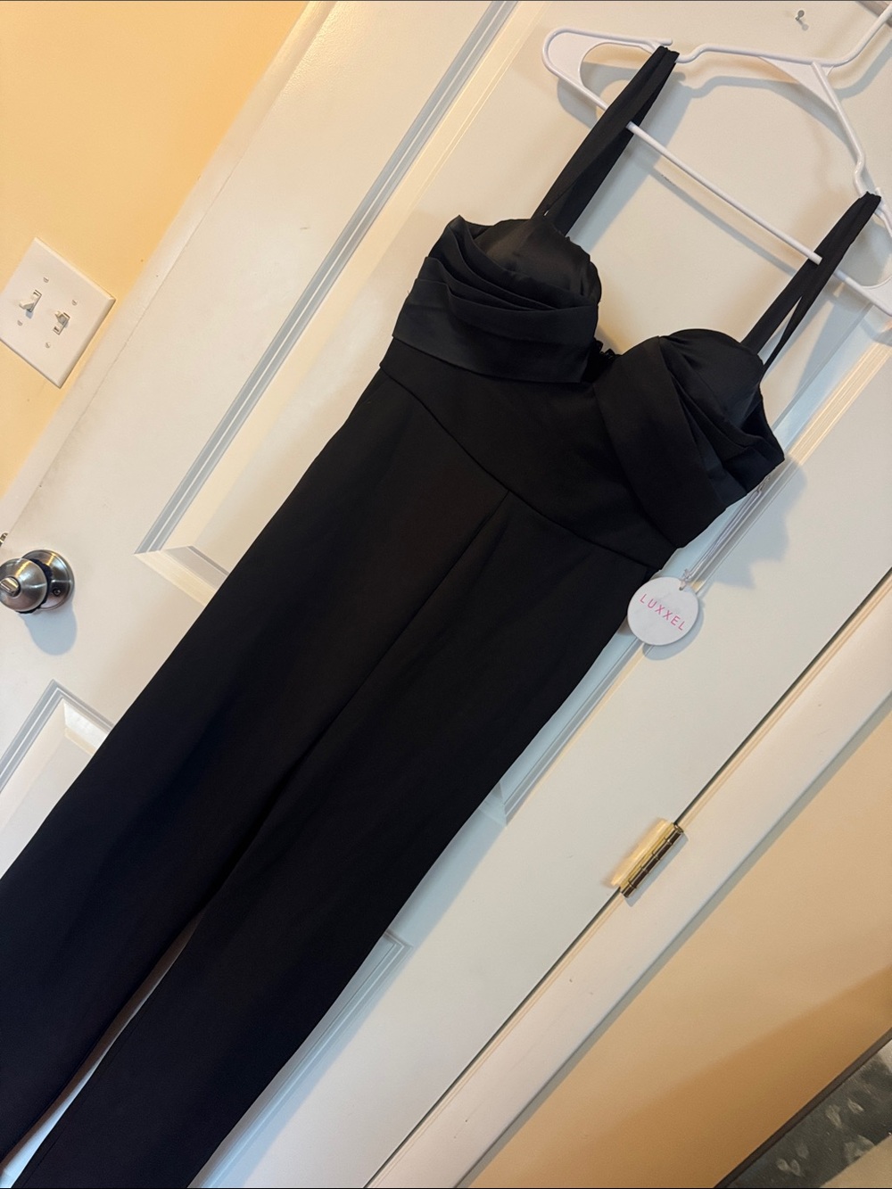 LUXXEL solid black satin top Jumpsuit L NWT